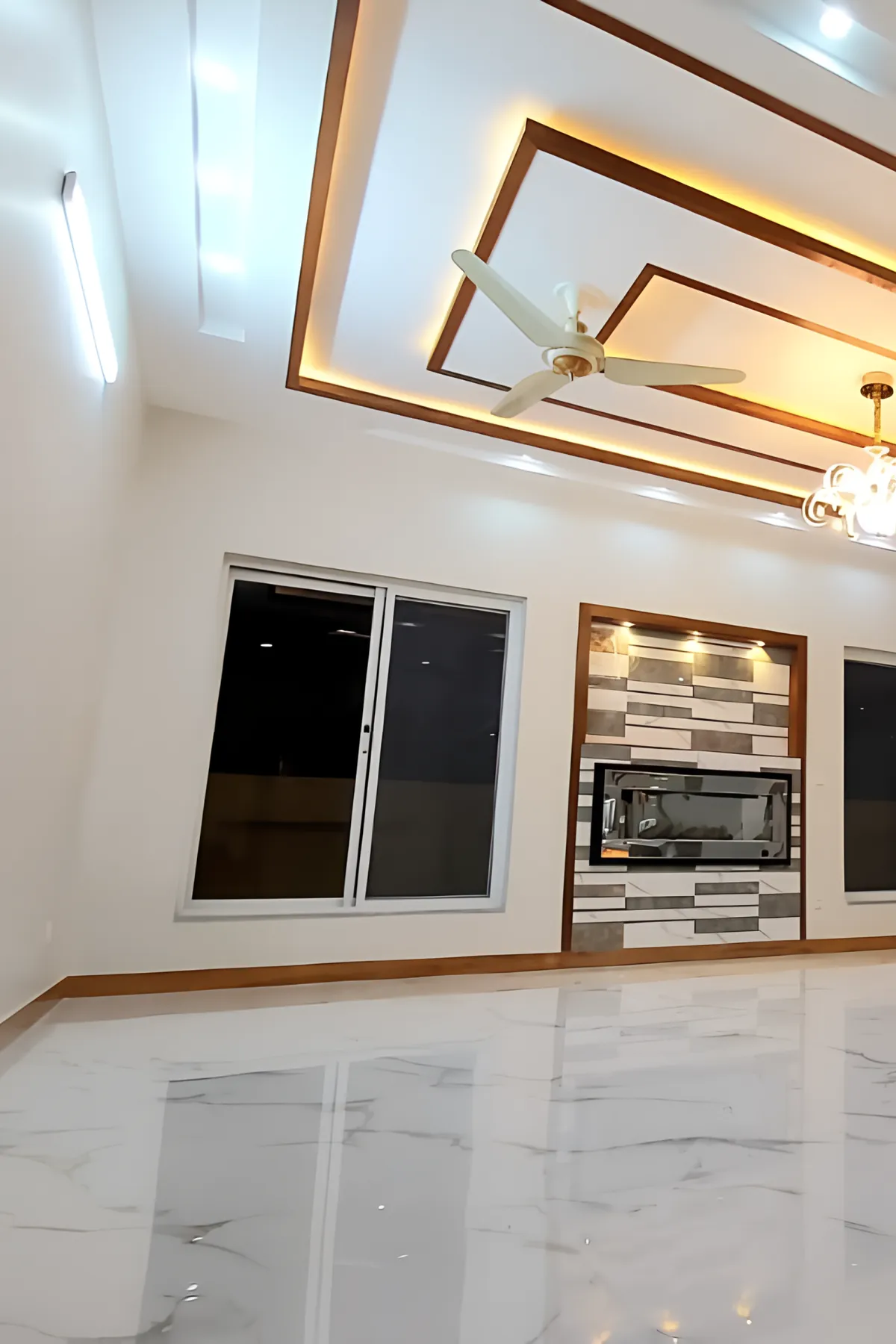 Interior with coffered wood-trim ceiling