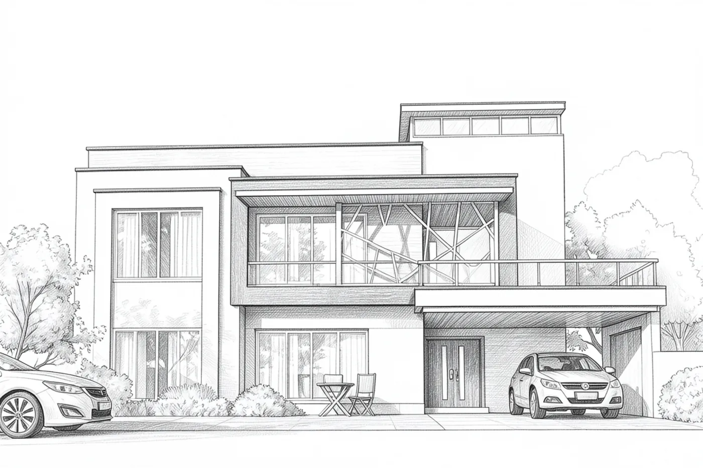 Sketch of a two-storey house front elevation with carport