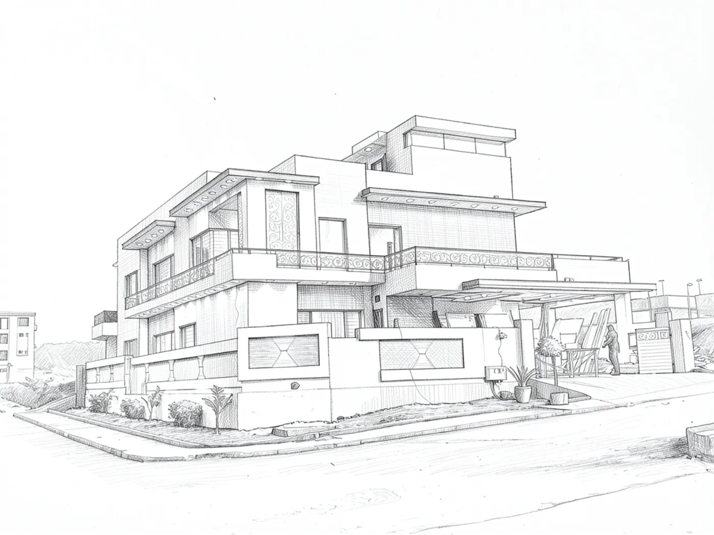 Sketch of a corner house with balconies